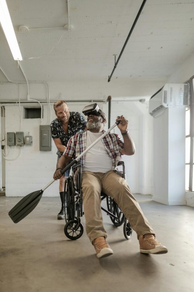 Man on wheelchair having virtual reality intervention 