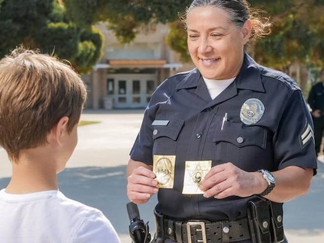 Police interacting with nonverbal autistic child in a pleasant way